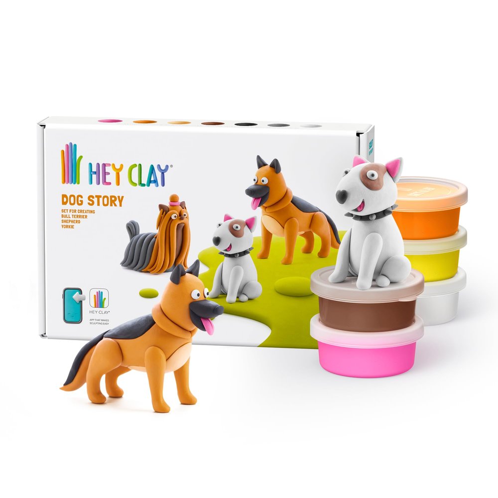 HEY CLAY Colorful Modeling Air Dry Clay for Kids 6 cans with Fun Interactive Instructions App - Kids Activities Age 3+ (Dog Story: Shepherd, Bull Terrier, Yorkie)