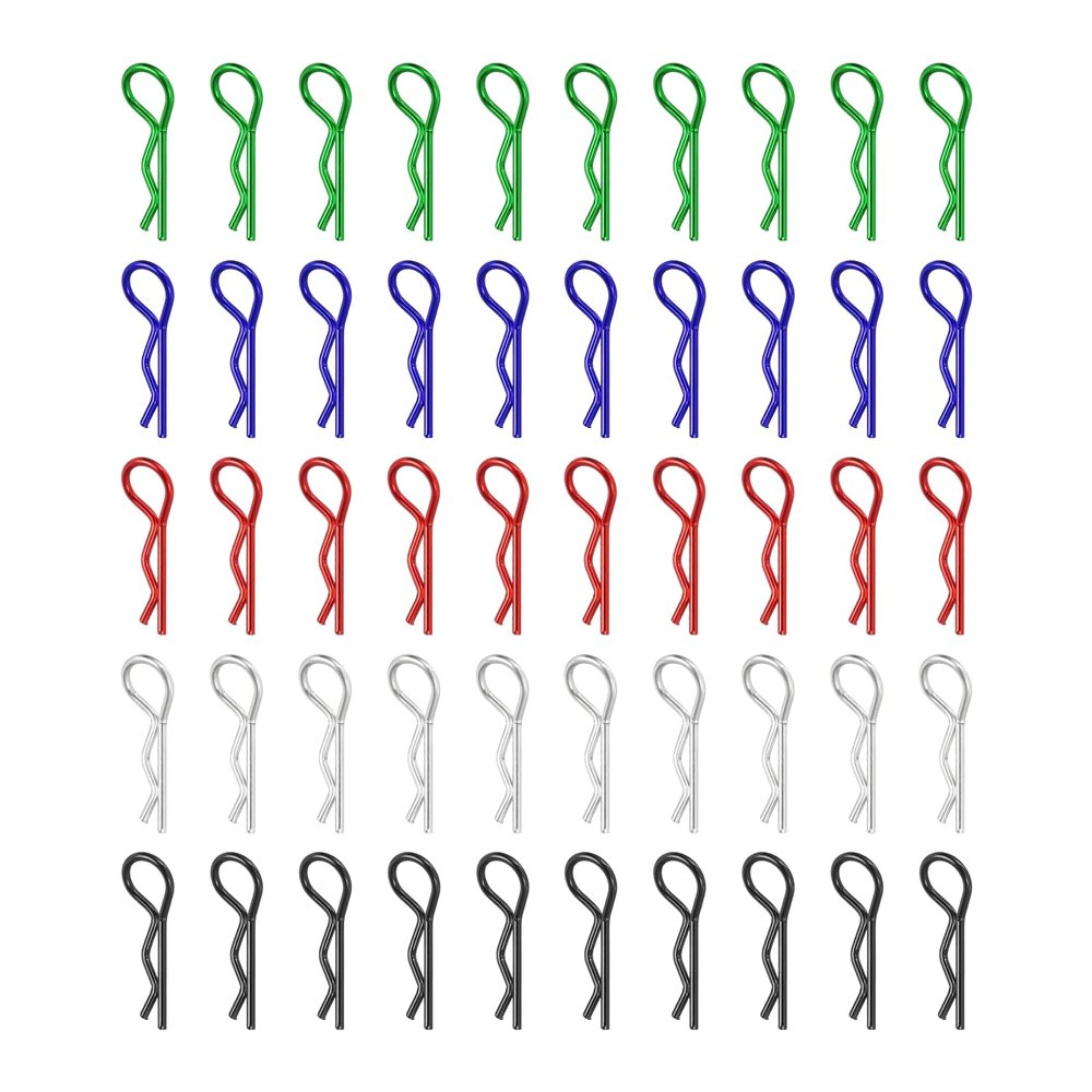 MECCANIXITY 50pcs 30-Degree Angle RC Body Clips Bent Springy R Pins 20x1.0x6mm for All 1/8 1/10 1/12 Scale Model RC Car Crawler Replacement(Multicolor)