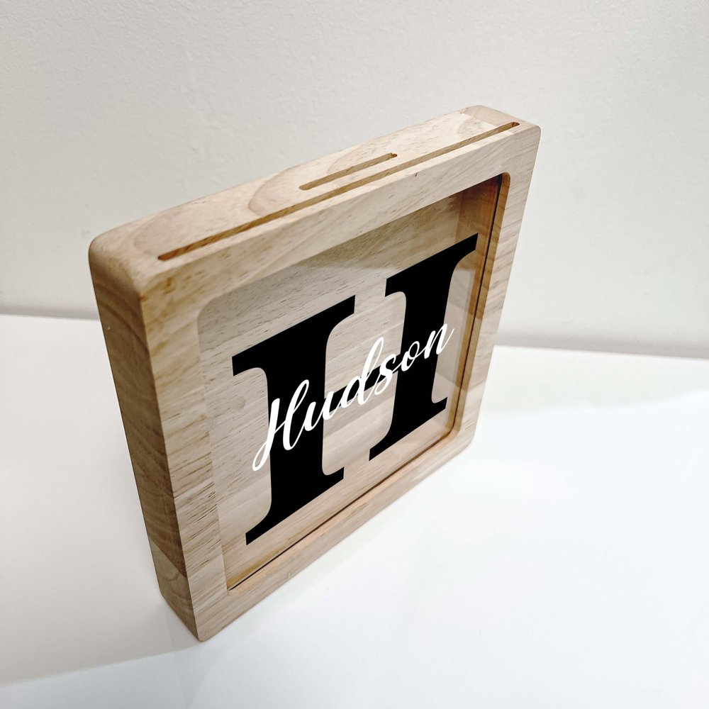 Alphabet Initial Letter Personalized Wood Coin Money Box Savings Piggy Bank Custom Name Initial & Color Choice in Checkout Boys Girls Kids Nursery Room Decor Gift, Made in America (Letter Initial H)