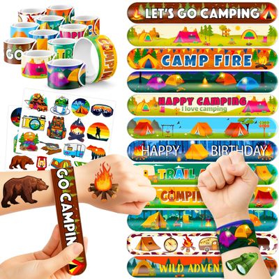 48PCS Camping Party Favors Decorations, Temporary Tattoos & Slap Bracelets