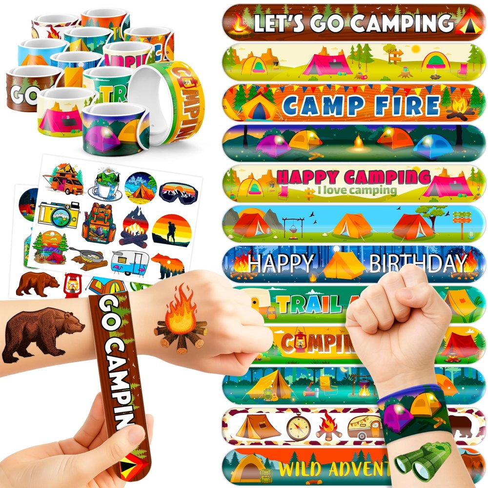 48PCS Camping Party Favors Decorations, Temporary Tattoos & Slap Bracelets