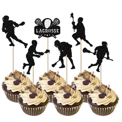 Rsstarxi 24 Pack Black Glitter Lacrosse Cupcake Toppers Lacrosse Party Decorations for boys Lacrosse Player Cupcake Picks for Lacrosse Sport Baby Shower Birthday Party Cake Decorations
