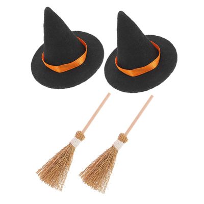 OFFSCH 2sets Halloween Miniature Witch Hat and Broom Dollhouse Decor for Creative Halloween Party Decorations Safe Material for Mini Home and Scene Layouts