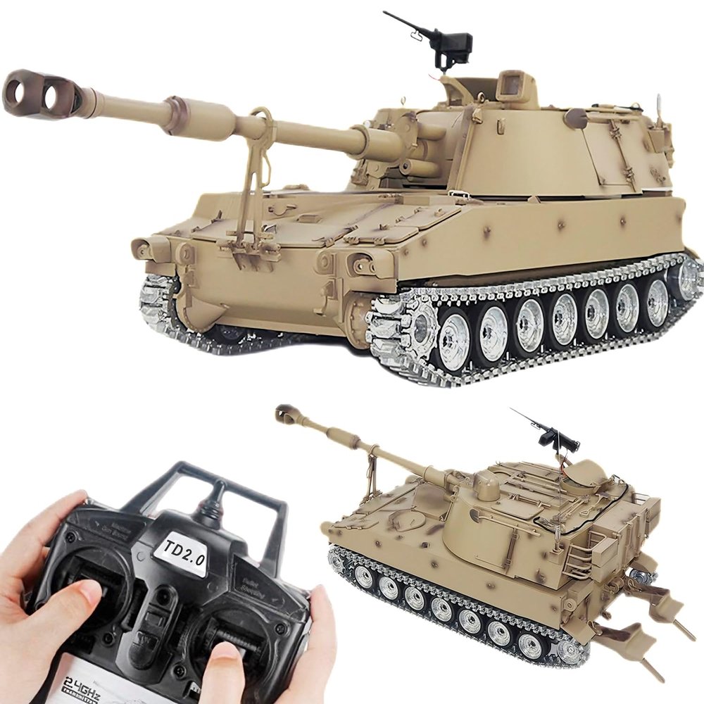 SSCCGYM Large Remote Control M109A2 Self-propelled Howitzer RC Tank 1/16 War Military Vehicle Smoke Barrel Turning Cannon Lifting Shooting 50CM (Yellow Upgraded Metal Gearbox RC Tank)
