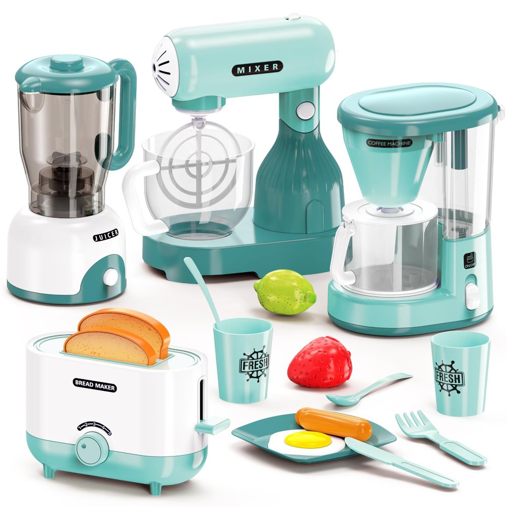 BRIGPICIOUS Kids Play Kitchen Accessories Toys Set, Pretend Play Kitchen Appliances Kit - Blender, Coffee Maker, Mixer, Toasters with Light & Sound, Playhouse Role Play Toy Gift for Girl Ages 3 4 5 6