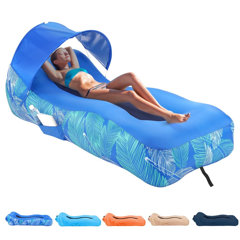 Inflatable Lounger Air Sofa with Unique Sun-shade Design, Inflatable Beach Bed with Pillow, Waterproof Inflatable Couch Camping Chair Hammock for Hiking Backyard Travel Beach Park Picnics (Light Blue)