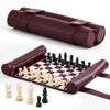 ThreeMoves Roll Up Chess Set - 11" Foldable Leather Chess Mat with Wooden Chess Pieces - Portable Travel Chess Set with Straps - Perfect Chess Game for Airplane, Camping, and More (Wine) view 1
