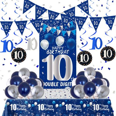 10th Birthday Decorations for Boys Girls, Blue Silver 10th Birthday Decorations Backdrop with Happy 10th Birthday Banner, Number 10 Hanging Swirls, Triangle Flag, 10 Years Old Party Decor Supplies