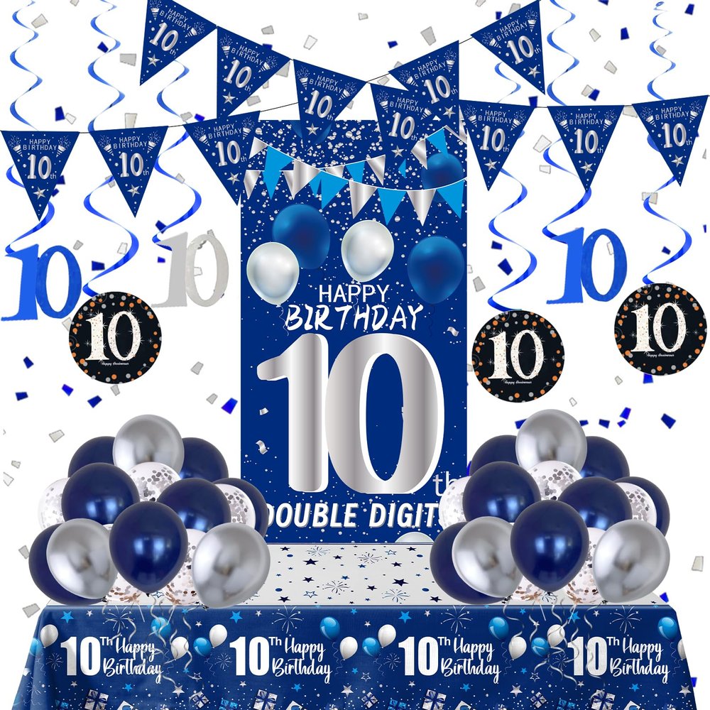 10th Birthday Decorations for Boys Girls, Blue Silver 10th Birthday Decorations Backdrop with Happy 10th Birthday Banner, Number 10 Hanging Swirls, Triangle Flag, 10 Years Old Party Decor Supplies