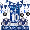 10th Birthday Decorations for Boys Girls, Blue Silver 10th Birthday Decorations Backdrop with Happy 10th Birthday Banner, Number 10 Hanging Swirls, Triangle Flag, 10 Years Old Party Decor Supplies view 1