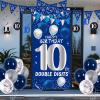 10th Birthday Decorations for Boys Girls, Blue Silver 10th Birthday Decorations Backdrop with Happy 10th Birthday Banner, Number 10 Hanging Swirls, Triangle Flag, 10 Years Old Party Decor Supplies view 3