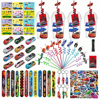 128 Pcs Race Car Party Favors, Race Car Birthday Party Decoration, Christmas Race Car Party Decoration, Including Cup Straw Buckle Bracelet Mini Car Stickers Keychain For New Year Gifts Party Supplies