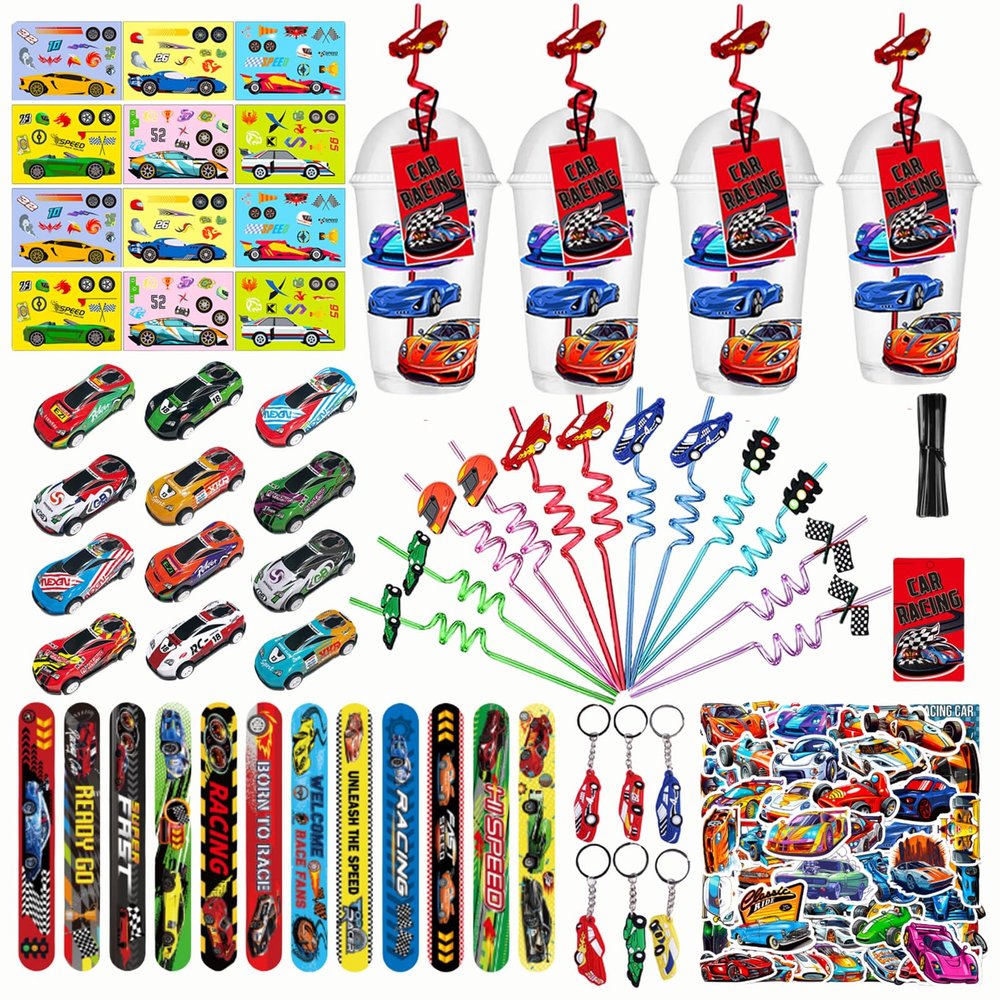 128 Pcs Race Car Party Favors, Race Car Birthday Party Decoration, Christmas Race Car Party Decoration, Including Cup Straw Buckle Bracelet Mini Car Stickers Keychain For New Year Gifts Party Supplies