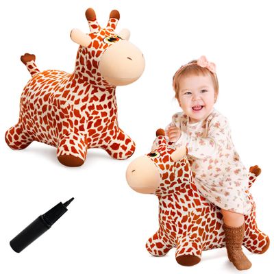 VangeBow Giraffe Bouncy Horse Toys for 1 2 3 4 5 Year Old Kid Gift, Plush Giraffe Ride On Bouncy Animal for Toddlers 1-3, Indoor Outdoor Inflatable Hopping Toys for Girl Boy Birthday Gift(Pump Includ)