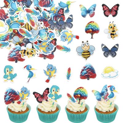 Rsstarxi 62 Pack Edible Bees Cupcake Toppers Butterfly Cupcake Toppers Bird Tree Theme Birthday Edible Bees Cake Decorations for Summer Theme Baby Shower Birthday Party Decorations