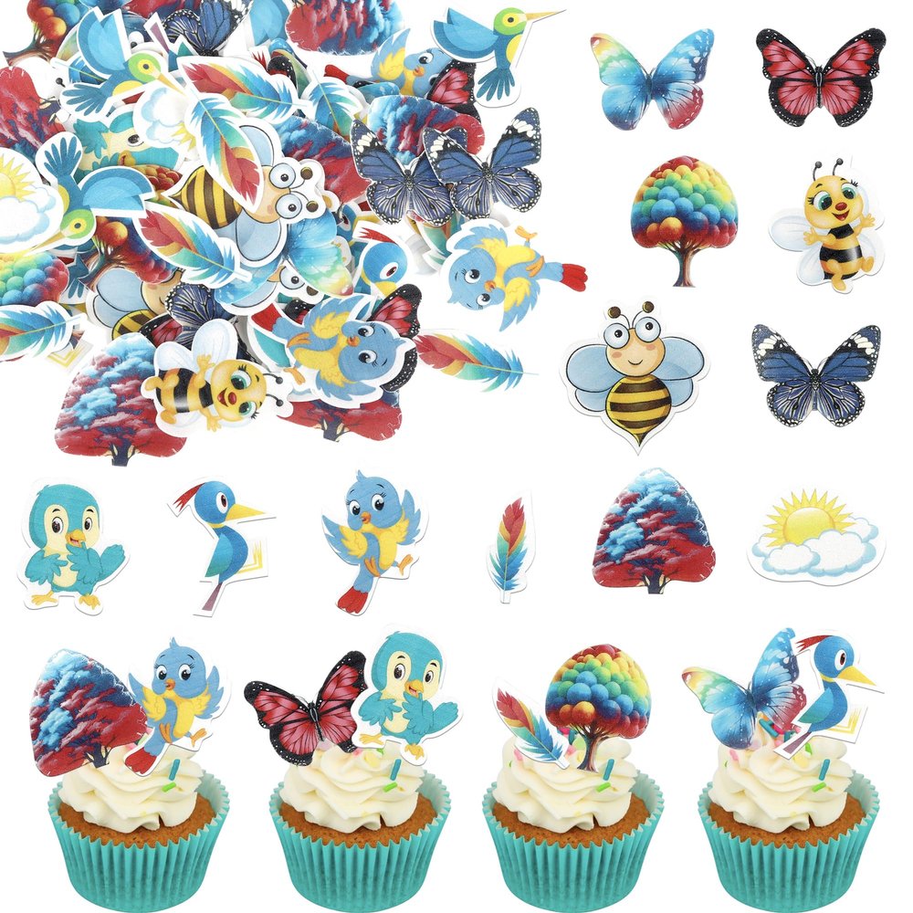 Rsstarxi 62 Pack Edible Bees Cupcake Toppers Butterfly Cupcake Toppers Bird Tree Theme Birthday Edible Bees Cake Decorations for Summer Theme Baby Shower Birthday Party Decorations