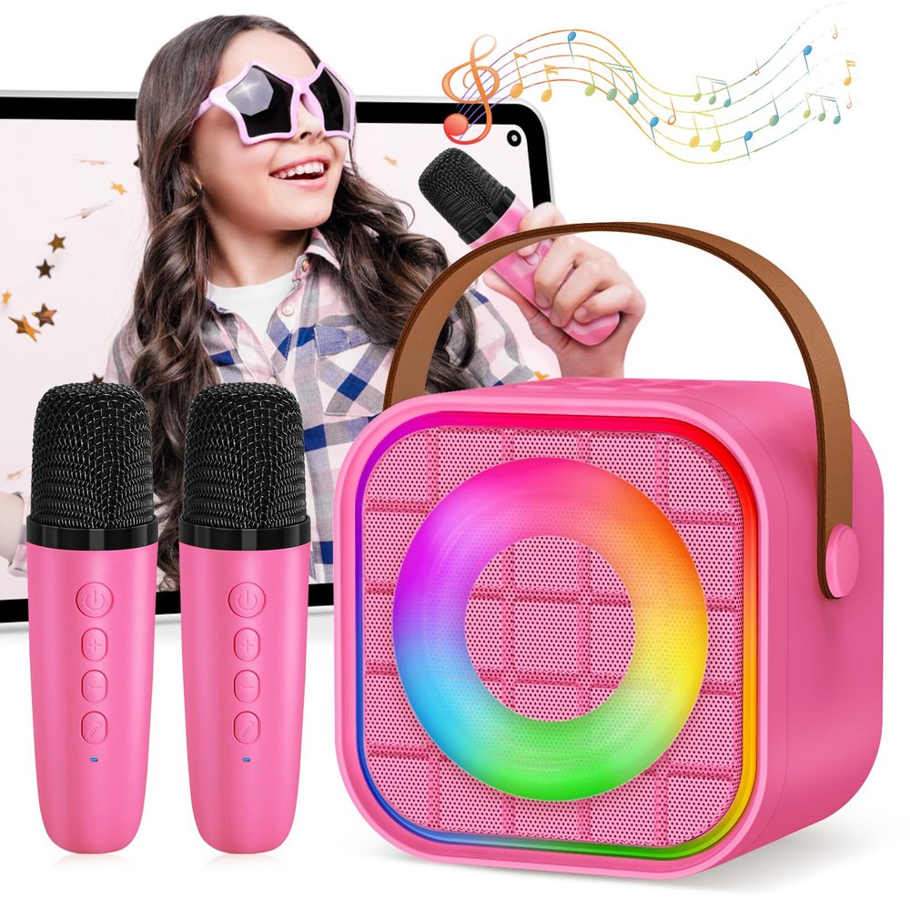YLYYCC Mini Karaoke Machine with 2 Wireless Microphones for Kids Adults, Portable Bluetooth Singing Speaker Birthday Fun Gift for Girls Boys Ages 4,5,6,7,8,9,10+ Year Old, Toys for Party (Hotpink)
