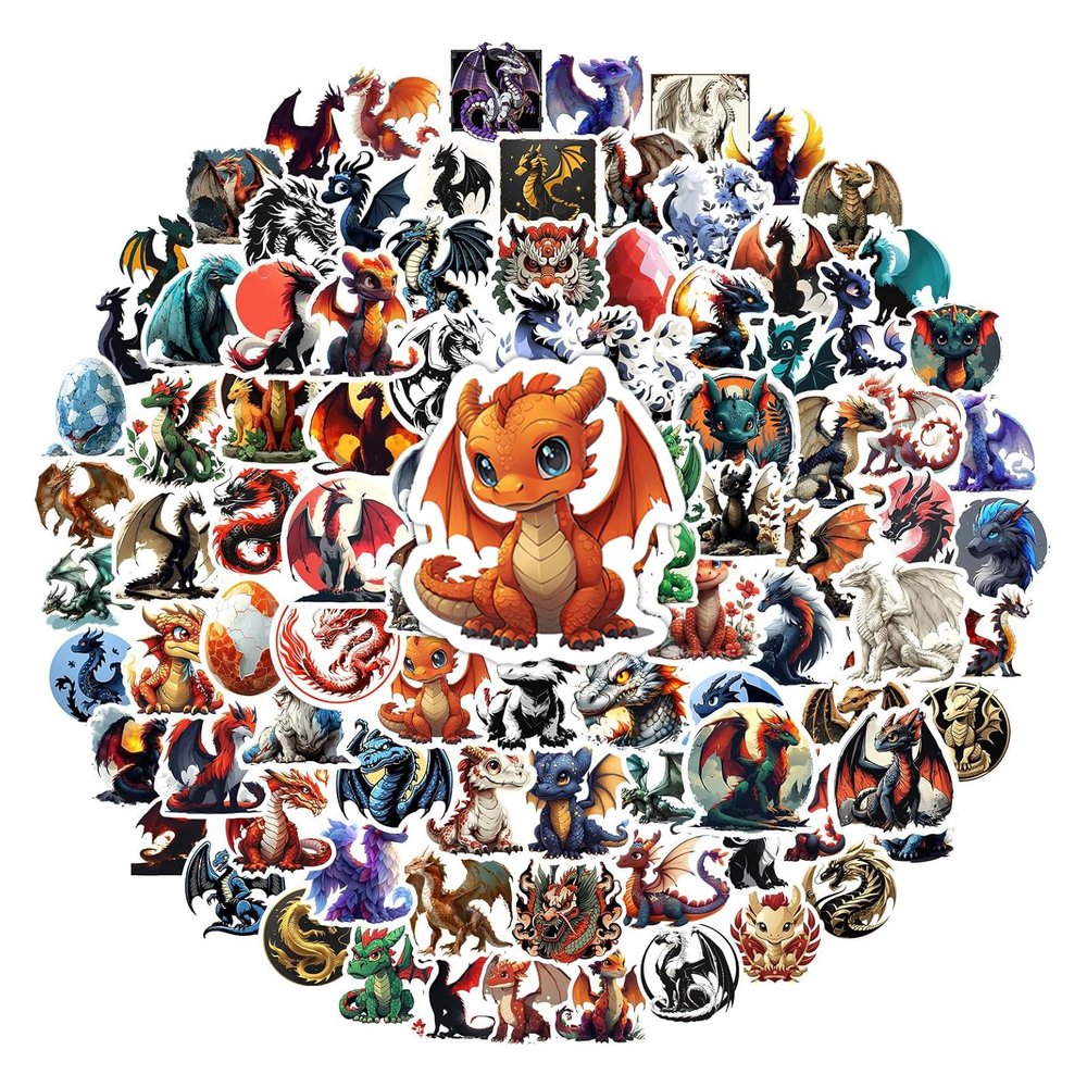 100Pcs Dragon Stickers Wings of Fire Stickers Water Bottle Sticker Dungeons and Dragons Fantasy Sticker for Laptop Luggage Phone Scrapbooking Crafts, Dragons Party Favor Supplies