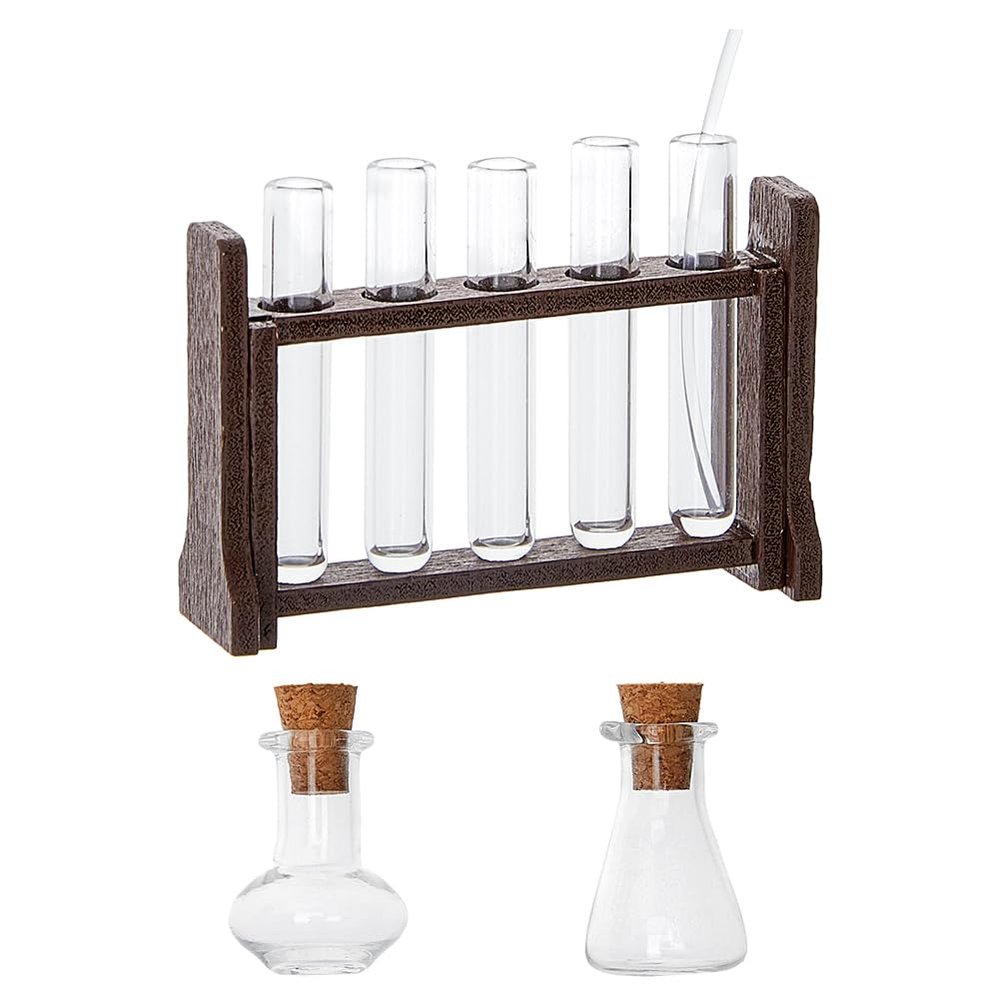Hobbspring Dollhouse Mini Glass Test Tube Micro Landscape Ornaments Test Tube Dollhouse Experiment Ornament Miniature Glass Tube Tiny Wood Test Tube Rack for Dollhouse Decor