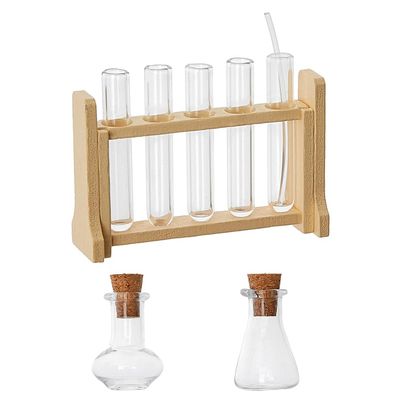 Hobbspring Dollhouse Mini Glass Test Tube Dollhouse Science Sets Miniature Glass Tube Tiny Wood Test Tube Rack Micro Landscape Experiment Ornament for Dollhouse Decor