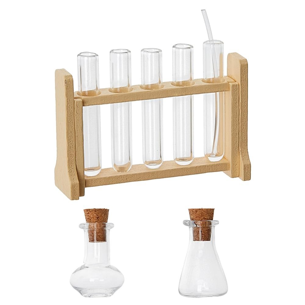 Hobbspring Dollhouse Mini Glass Test Tube Dollhouse Science Sets Miniature Glass Tube Tiny Wood Test Tube Rack Micro Landscape Experiment Ornament for Dollhouse Decor