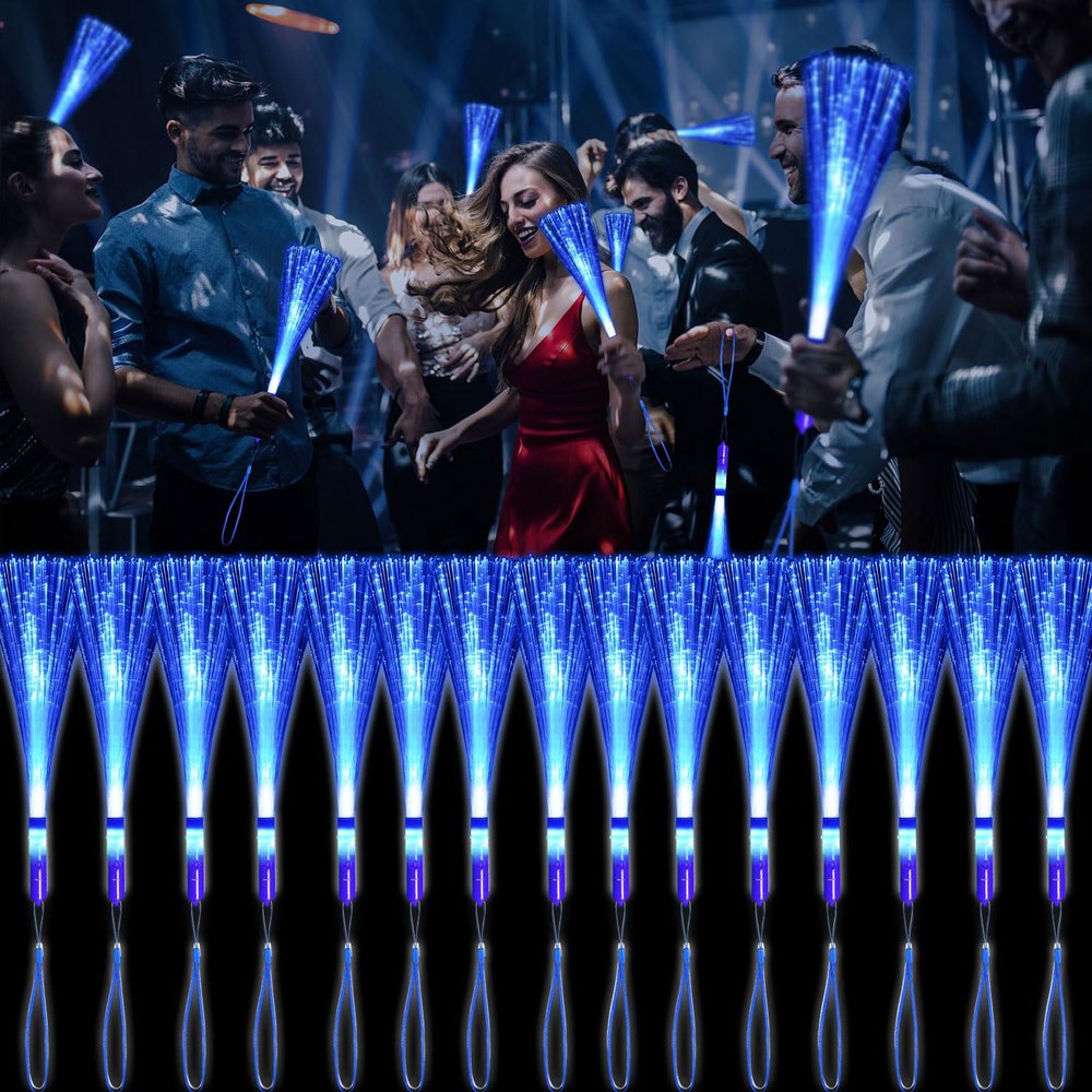 YOFOBU 15 Pack Blue Fiber Optic Wands Glow Fiber Wands Bulk LED Light Up Wands with 3 Flashing Modes LED Flashing Sticks for July 4th Halloween Christmas Wedding Birthday Carnival Bachelor Party