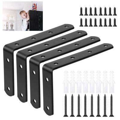 4pcs Furniture Anchors for Baby Proofing, Metal Baby Furniture Anchor Bracket Anti Tip Black Furniture Mounts Baby Proof L-shaped Furniture Wall Anchor for Large Furniture