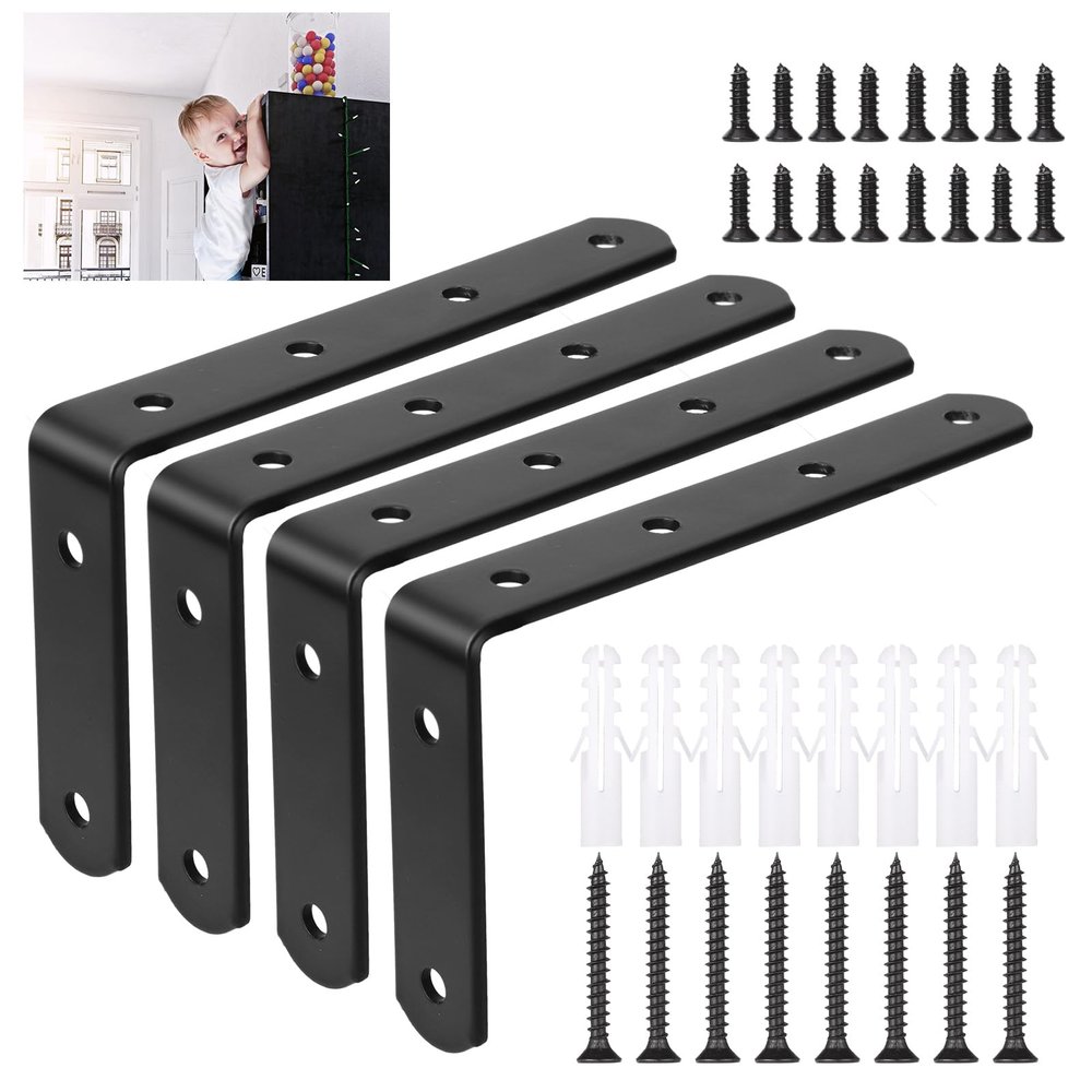 4pcs Furniture Anchors for Baby Proofing, Metal Baby Furniture Anchor Bracket Anti Tip Black Furniture Mounts Baby Proof L-shaped Furniture Wall Anchor for Large Furniture