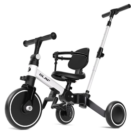Glaf Tricycle for Toddlers 1-3 Toddler Bike with Push Handle 2-4 Years Baby Bike Toys for 2 Years Boys and Girls Balance Bike with Adjustable Seat Height and Backrest Birthday Gift (White)