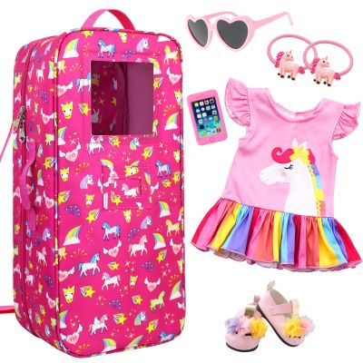 Ecore Fun 7 Items 18 Inch Dolls Bag and Accessories Unicorn Doll Carrier Storage Case Fit for 18 Inch Girl Dolls Including Backpack, Dress, Shoes, Sunglasses, Phone and 2 Hairpin