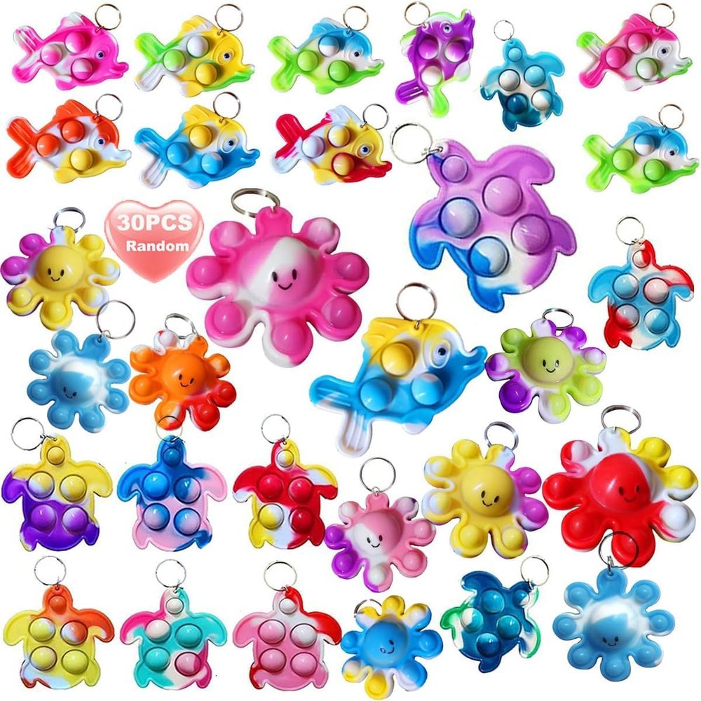 30 Packs Rainbow Octopus Turtle Fish Undersea Mini Pop Fidget Backpack Keychain Bubble Toy for Kids Easter Basket Stuffers Gift, Classroom Student Treasure Box Carnival Prizes