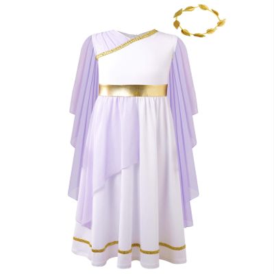 Hansber Kids Girls Ancient Greek Toga Grecian Flowy Gown Dress with Headwear Fancy Outfits Lavender 6 Years