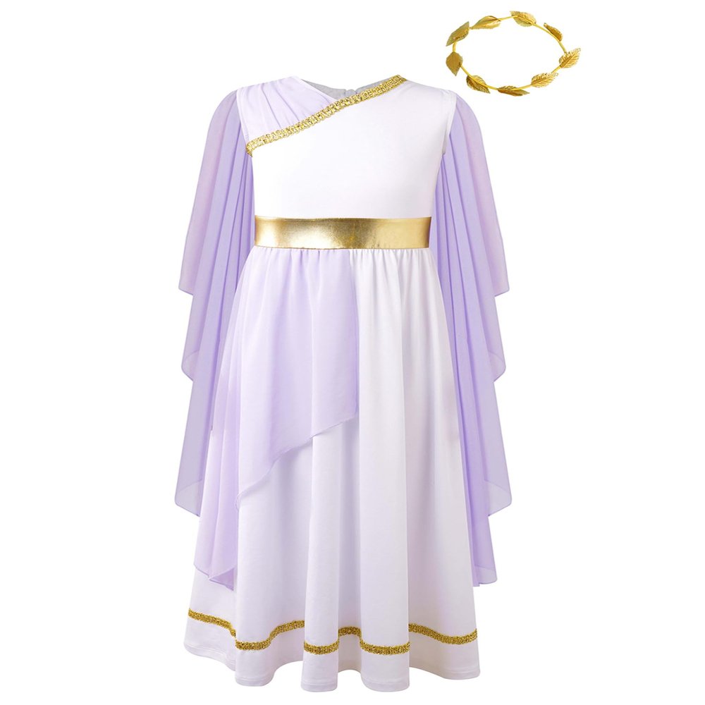 Hansber Kids Girls Ancient Greek Toga Grecian Flowy Gown Dress with Headwear Fancy Outfits Lavender 6 Years