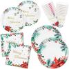 100 Christmas Party Paper Plates Napkins and Cups Set Poinsettia Disposable Dinnerware Set view 1
