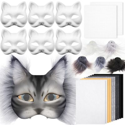 Seenelling 23 Pcs DIY Therian Mask Kit Blank Cat Mask with Felt Fabric Sheet Plush Faux Fur Eye Mesh for Therian Gear Stuff (Grey)