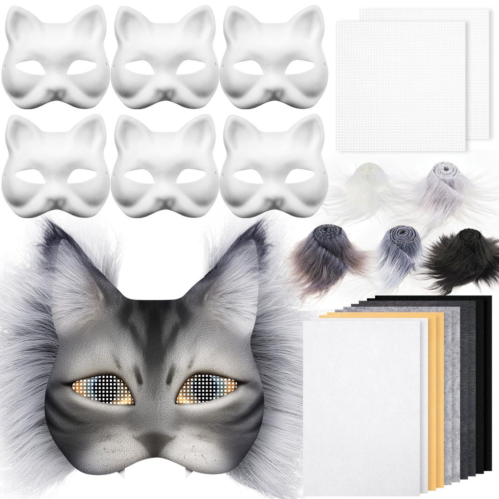 Seenelling 23 Pcs DIY Therian Mask Kit Blank Cat Mask with Felt Fabric Sheet Plush Faux Fur Eye Mesh for Therian Gear Stuff (Grey)