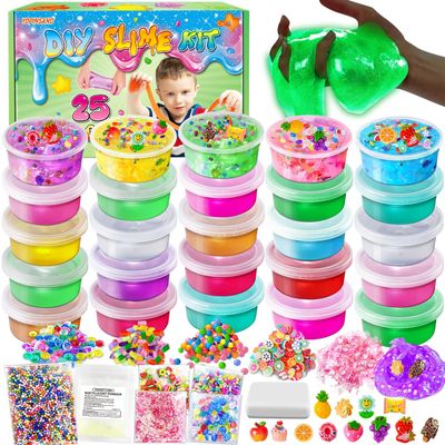 25 Cups DIY Slime Kit, Slime Making Kit for Girls, Crystal Clear Slime, Glow in The Dark Slime with Add-ins, Foam Balls, Charms, Slime Party Favors Gift Toys for Kids 3-12