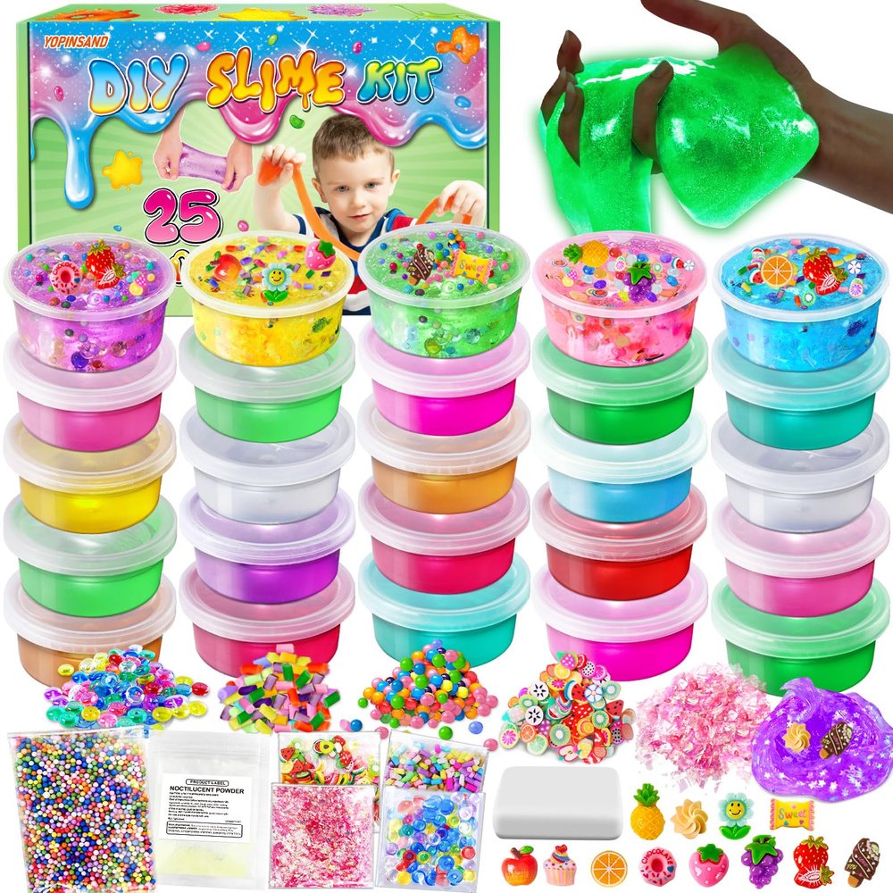 25 Cups DIY Slime Kit, Slime Making Kit for Girls, Crystal Clear Slime, Glow in The Dark Slime with Add-ins, Foam Balls, Charms, Slime Party Favors Gift Toys for Kids 3-12