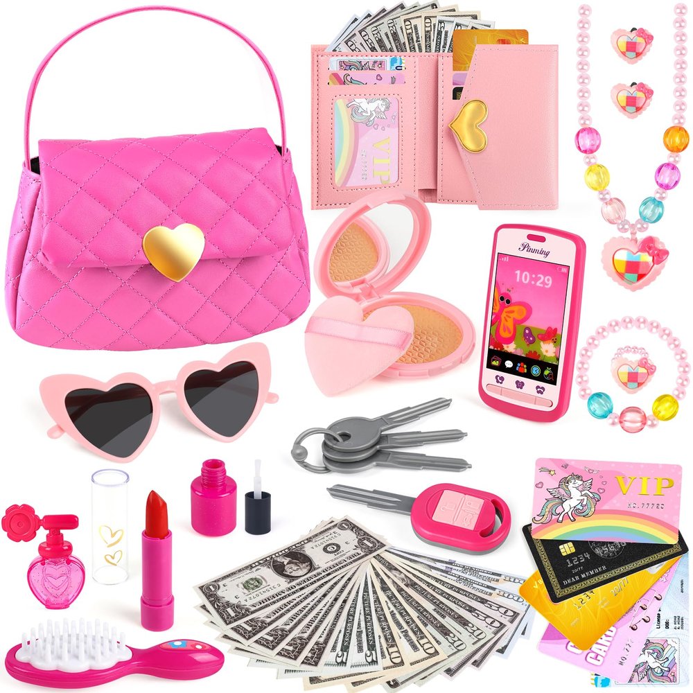 Kids Play Purse for Little Girls Toddlers, Toy Purse with Accessories, Wallet, Fake Phone, Fake Makeup Toys & Play Jewelry, Toddler Pretend Play Toys for Girls, Little Girl Gifts Age 3 4 5 6 Year Old