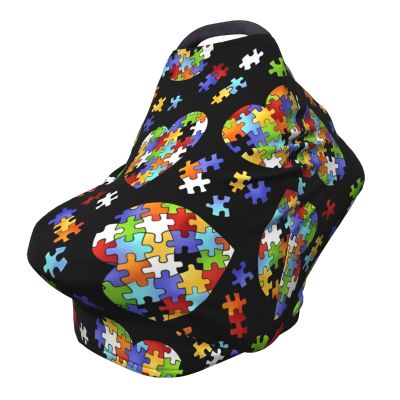 FoRes Autism Awareness Puzzle Pieces Heart Multifunctional Stroller Chair Nursing Top Cover New Mom Privacy, and Outings - Soft and Stretchy Cover, Black