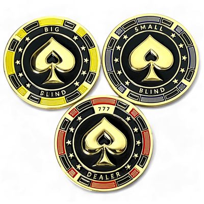 Luck Lab Metal Poker Buttons Set (Dealer, Big Blind, Small Blind)  3 Premium Gold-Plated 3mm Weighted 1.75 Position Markers  Includes Protective Case + Velvet Pouch - 3D Spade Design