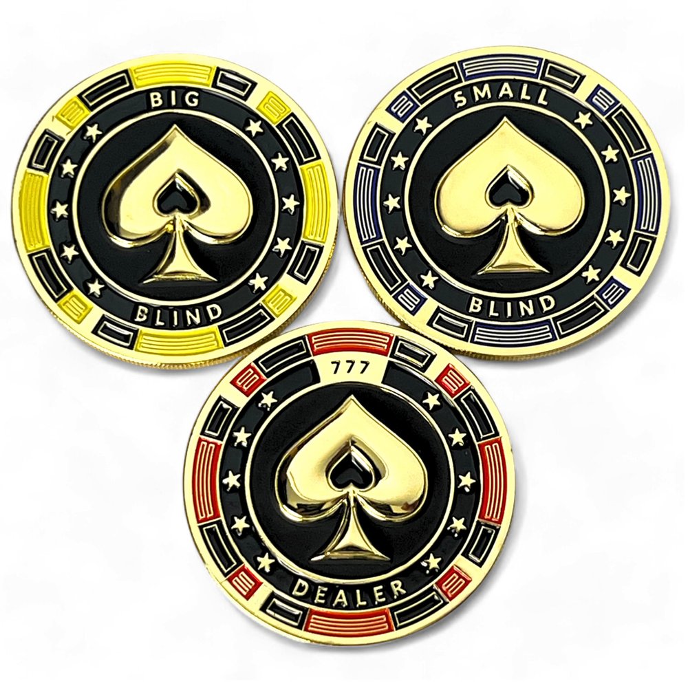 Luck Lab Metal Poker Buttons Set (Dealer, Big Blind, Small Blind) 3 Premium Gold-Plated 3mm Weighted 1.75 Position Markers Includes Protective Case + Velvet Pouch - 3D Spade Design