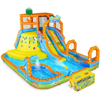 Sunny & Fun SpongeBob Mega Climb N Go Inflatable Water Slide Park Heavy-Duty for Outdoor Fun - Climbing Wall, 2 Slides, Splash Pool Easy to Set Up & Inflate with Included Air Pump & Carrying Case