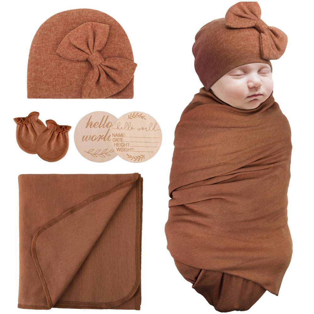 AQOKKA Newborn Receiving Blanket with Bow Hat Mittens Wooden Card Set Newborns Toddler Baby Boy Girl Nursery Swaddle Wrap