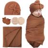 AQOKKA Newborn Receiving Blanket with Bow Hat Mittens Wooden Card Set Newborns Toddler Baby Boy Girl Nursery Swaddle Wrap view 1