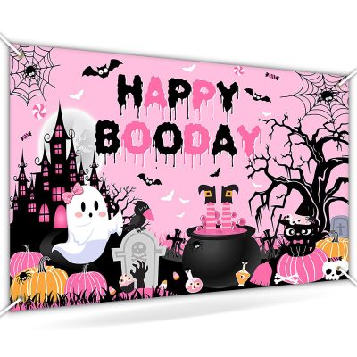 Avezano Halloween Birthday Backdrop Pink Happy Boo Day Banner for Girls Cute Ghost Boo Happy Birthday Cake Table Decorations 70.8x43.3inch