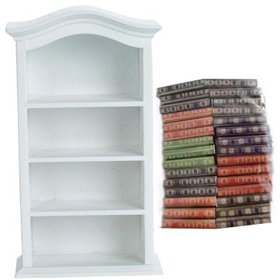 Dollhouse Bookshelf with 30 Books Wooden Miniature Bookshelf 4 Floors Mini Bookshelf for Dollhouse Furniture Accessories White.