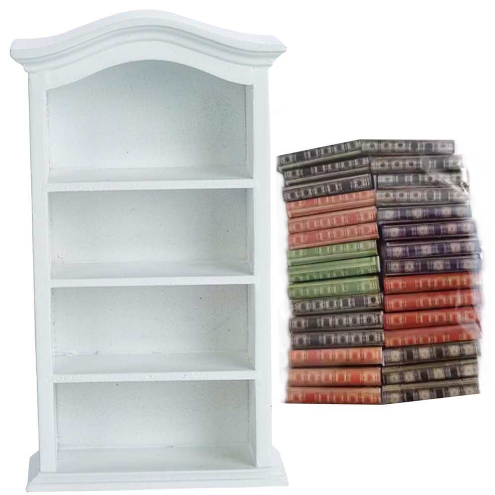 Dollhouse Bookshelf with 30 Books Wooden Miniature Bookshelf 4 Floors Mini Bookshelf for Dollhouse Furniture Accessories White.