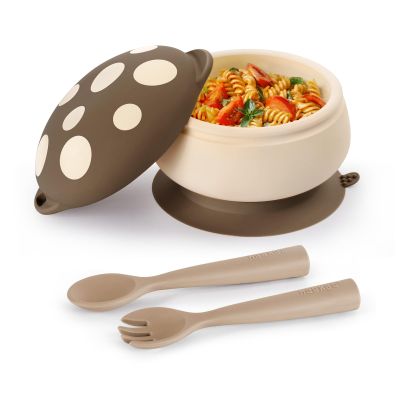 haakaa Baby Silicone Mushroom Bowl, Silicone Baby Feeding Bowl & Bendy Cutlery Set -Walnut
