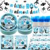 147Pcs A Little Boo Is Almost Due Baby Shower Boy Little Boo Baby Shower Decorations Boy Halloween Plates and Napkins Blue Halloween Tableware view 1